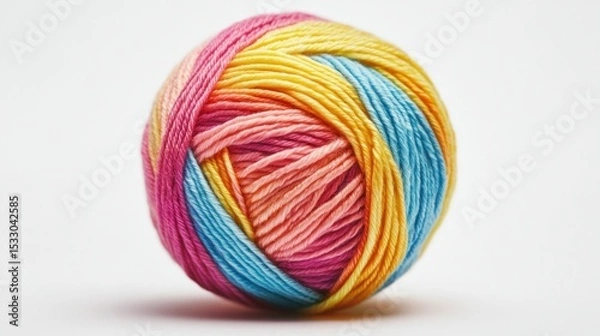 Fototapeta Close up shot of a ball of colorful yarn with pink yellow and blue strands on white backdrop