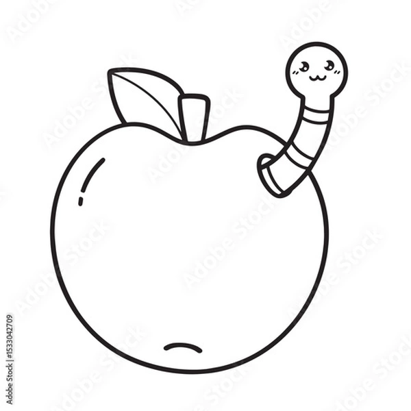Obraz Apple with worm coloring page, simple hand drawn outline drawing, object for educational workbook, for kids, vector illustration 