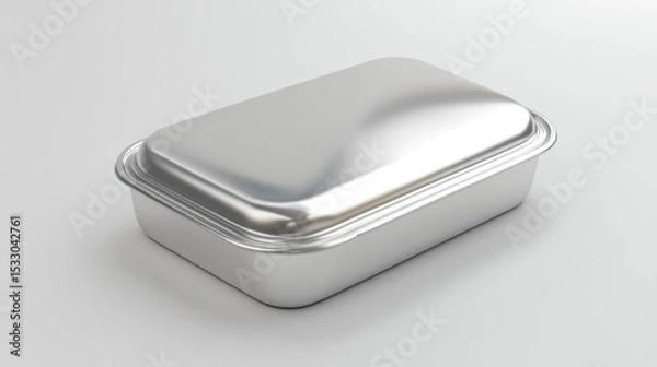 Fototapeta Close up shot of a rectangular metal container with a lid on a white surface in a studio setting