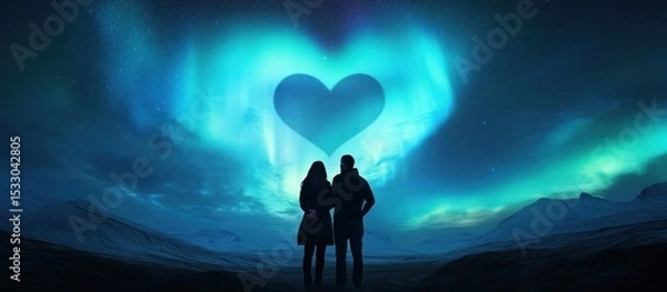 Fototapeta Silhouette couple watching heart shaped aurora borealis in night sky landscape scene view
