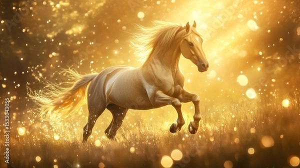 Fototapeta A majestic golden horse galloping through a field illuminated by magical glowing particles around it