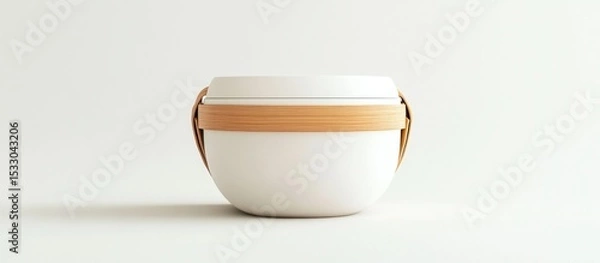 Fototapeta A minimalistic white container with a wooden band on a white background in a studio setting