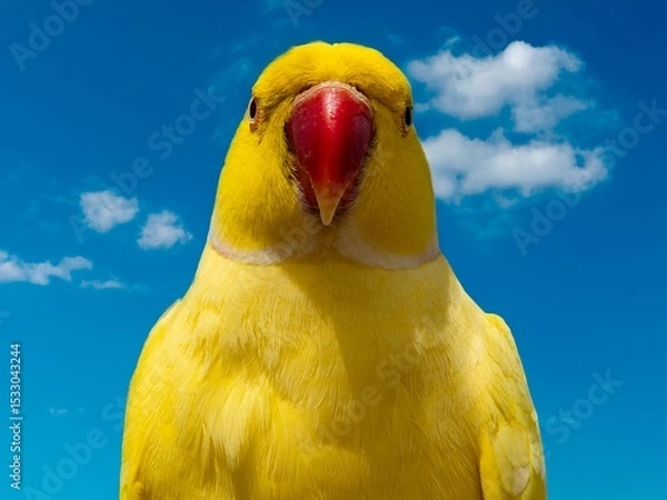 Obraz Yellow Ring-necked Parakeet, Psittacula krameri, sitting on a branch with the sky in the background. Wild birds.