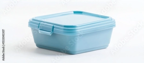 Fototapeta A light blue plastic food storage container with a lid on a white background is shown here