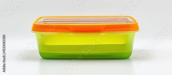 Fototapeta A close up view of a plastic food container with an orange lid on a white background surface