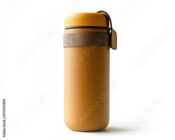 Fototapeta A cylindrical container with a yellow lid and brown strap on a white background studio shot