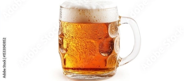 Fototapeta A close up shot of a glass mug filled with beer and a thick layer of white foam on top of it