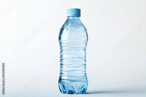 Fototapeta A clear plastic water bottle with a light blue cap on a white background in a studio setting
