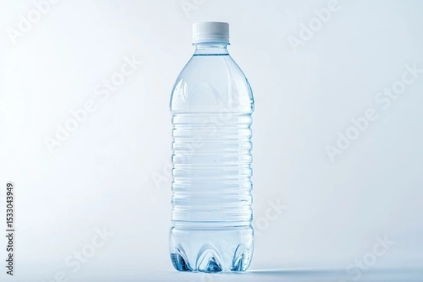 Fototapeta Close up of a clear plastic water bottle with a white cap against a white background studio shot