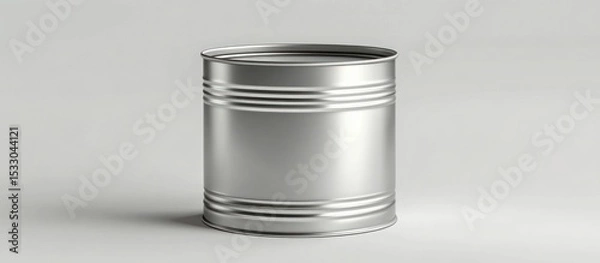 Fototapeta A simple studio shot of a plain silver metal can with ridges on a neutral background surface