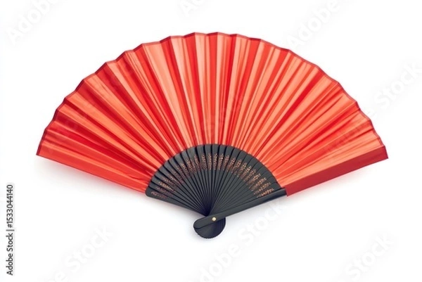 Fototapeta Close up of a vibrant red hand fan with black handle isolated on a white background studio shot