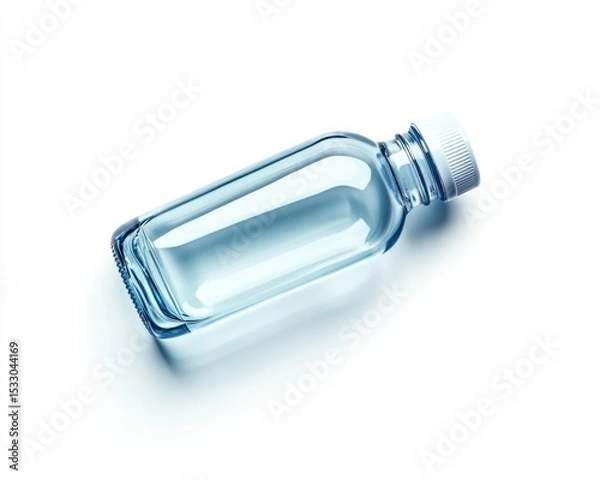 Fototapeta A clear glass bottle with a white cap filled with a light blue liquid lying on its side on white