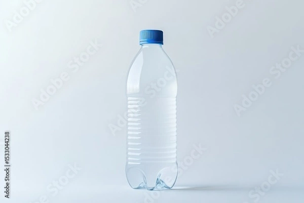 Fototapeta A clear plastic bottle with a blue cap stands against a plain light blue background in a studio