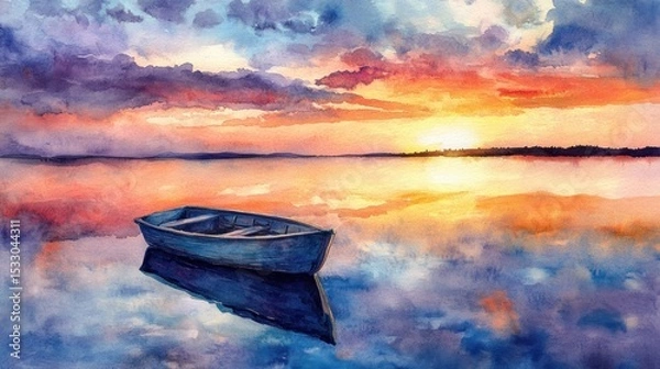 Fototapeta Watercolor painting of a boat on a calm lake reflecting a colorful sunset with cloudy skies above