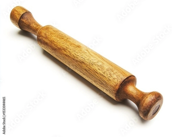 Fototapeta A wooden rolling pin with handles on a white surface showing its texture and cylindrical shape
