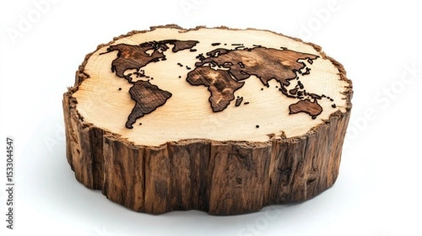 Fototapeta World map burned into a wooden tree stump on a white background in a studio setting shot