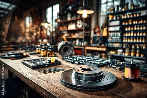 Obraz New car brake discs and an oil filter are lying on a workbench in a mechanic workshop, ready for installation, surrounded by tools and spare parts