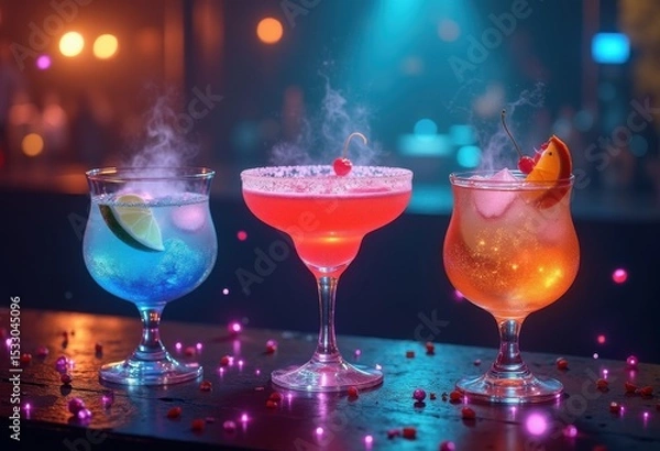 Fototapeta dramatic levitating cocktails video game mood fantasy creative drink presentation dark background, liquid, glass, liquor, spirit, array, colorful, fancy