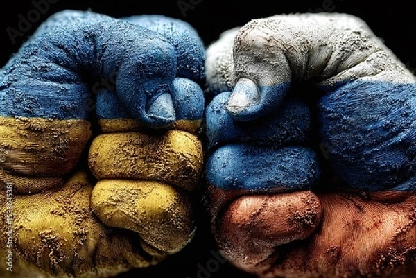 Obraz Two fists, painted with the colors of the ukrainian and russian flags, are bumping against a black background, symbolizing the military conflict between the two countries