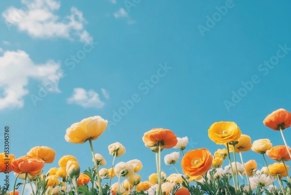 Fototapeta Low-angle photograph of orange and yellow ranunculus flowers against a blue sky Generative AI