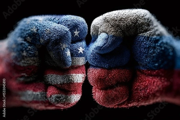Obraz Two fists with the flags of the united states of america and russia painted on them are about to collide, representing the concept of conflict and international relations