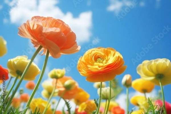 Fototapeta several orange and yellow ranunculus flowers in the foreground, taken from below with a blue sky in the background Generative AI