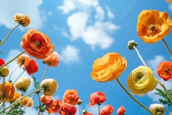 Fototapeta flowers in the sky, orange and yellow ranunculi, shot from below against a blue sky, bright Generative AI