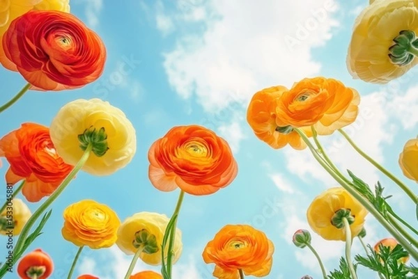 Fototapeta yellow ranunculus flowers in the sky, taken from below bright colors, cinematic, sunny day Generative AI