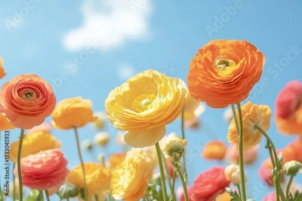 Fototapeta Low-angle photograph of orange and yellow ranunculus flowers against a blue sky Generative AI