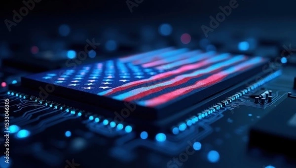 Fototapeta Stylized American flag glowing within a circuit board, symbolizing U.S. technology, cybersecurity, and digital innovation.
