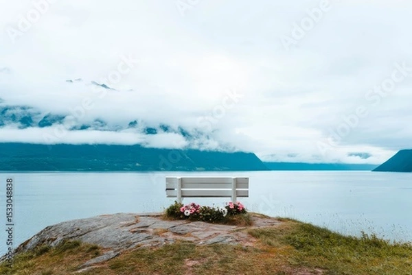 Obraz White wooden board welcome reception blank advertising banner mock up for your text foggy landscape.