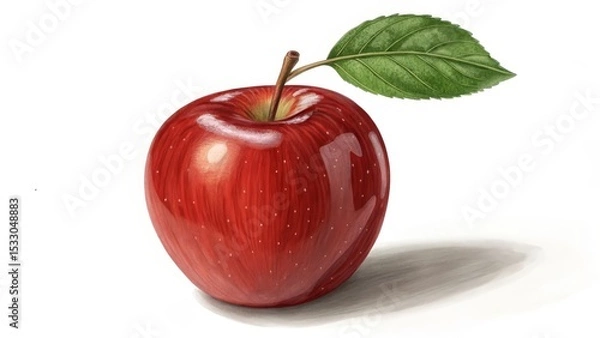Fototapeta Shiny Red Apple Still Life with Green Leaf, Fruit, Artwork