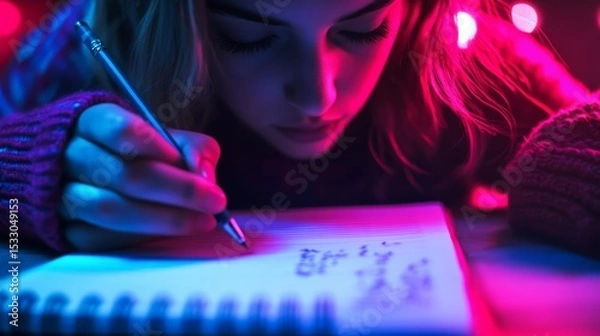 Fototapeta A young artist captures inspiration on paper. The creative process unfolds in a vibrant atmosphere filled with color and emotion. Explore their artistic journey. Generative AI