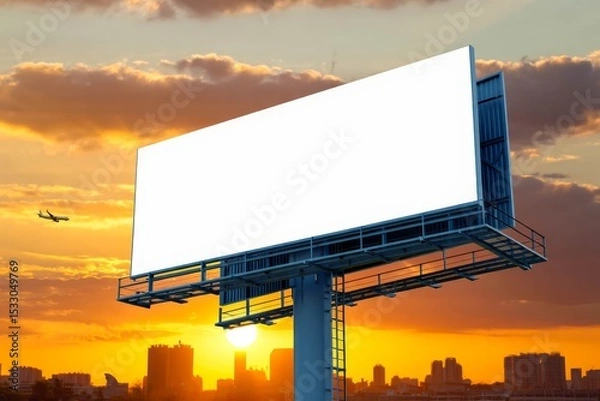 Obraz Blank billboard mockup with white screen against cloudy and city at sunset background.