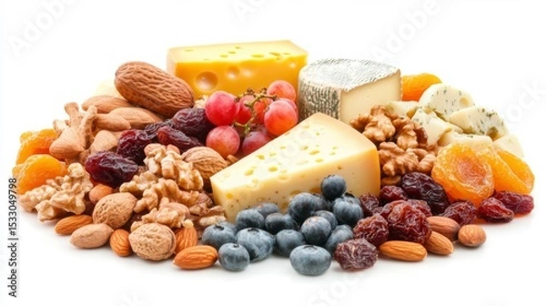 Fototapeta A vibrant assortment of cheeses, nuts, and dried fruits awaits. This colorful spread is perfect for a gathering. Enjoy the rich flavors together. Generative AI