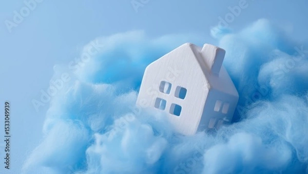 Obraz A miniature house surrounded by a soft, fluffy, light blue blanket, symbolizing warmth.