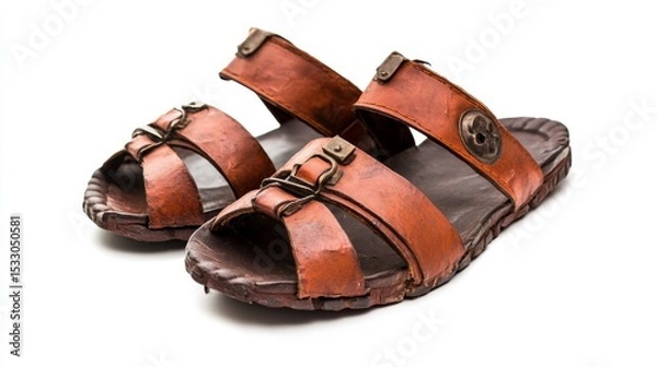 Fototapeta Stylish brown leather sandals with a classic design. Perfect for casual outings or beach days. Enjoy comfort and breathability in every step. Generative AI