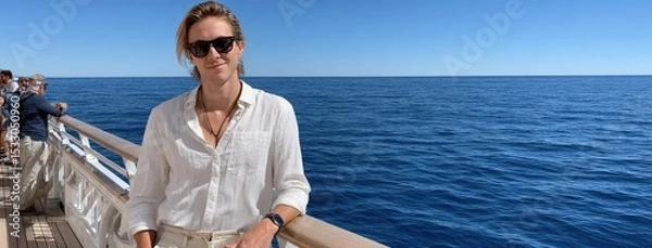 Fototapeta Young man with dark hair smiles at the camera, blending sophistication and relaxation aboard a yacht with ocean backdrop