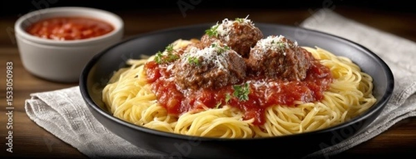 Fototapeta Hearty spaghetti adorned with succulent meatballs, fresh spinach, and a rich sauce, beautifully presented on a dark plate