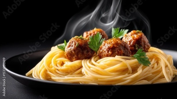 Fototapeta Hearty spaghetti adorned with succulent meatballs, fresh spinach, and a rich sauce, beautifully presented on a dark plate