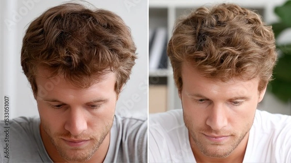 Fototapeta Before and after comparison of hair growth on top of the head showcasing improvement with an oil cream treatment