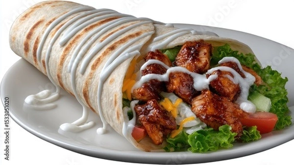 Fototapeta Savory chicken wrap showcases melted cheddar cheese, crisp lettuce, and juicy tomato, all drizzled with a creamy sauce for taste