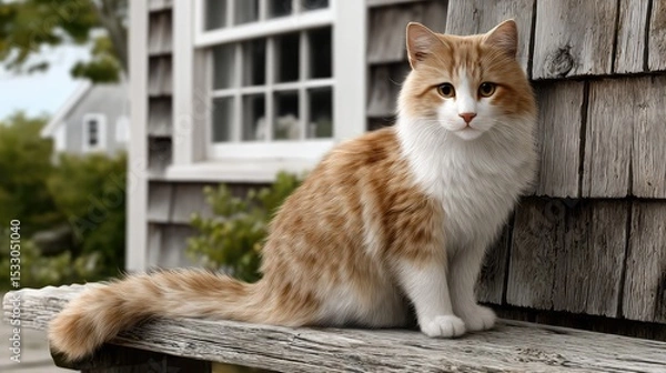 Fototapeta Soft lighting highlights the beauty of a long-haired orange and white cat sitting calmly on a rustic bench near a wooden house