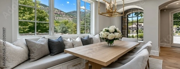 Fototapeta Stylish dining room showcases a wooden table set for dinner with large windows framing breathtaking mountain vistas and abundant greenery