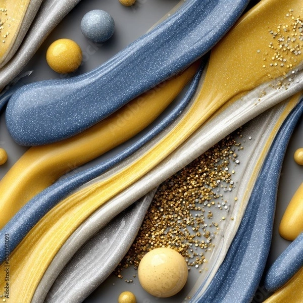 Fototapeta Swirling patterns of yellow and blue liquid create an abstract marbling effect on a dark grey surface adorned with golden glitter SEAMLESS PATTERN
