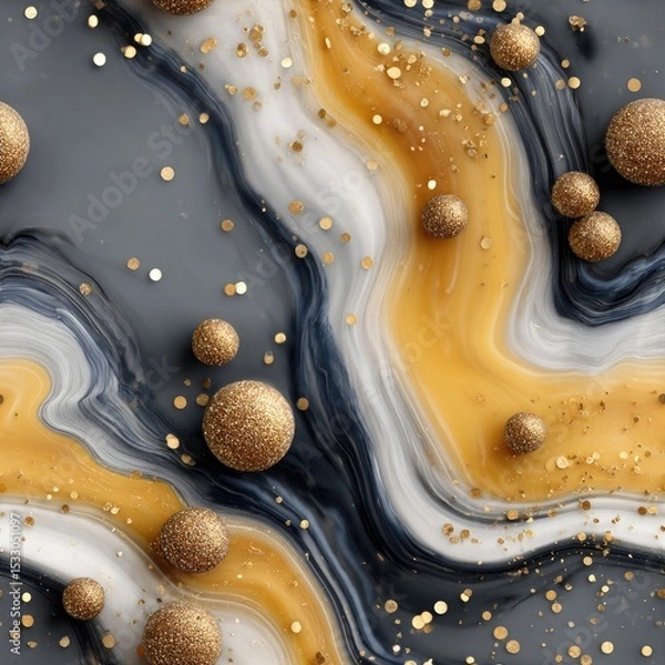 Fototapeta Swirling patterns of yellow and blue liquid create an abstract marbling effect on a dark grey surface adorned with golden glitter SEAMLESS PATTERN