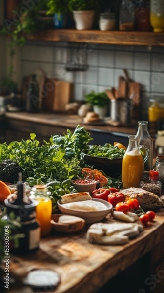 Fototapeta Fresh ingredients beautifully arranged in a rustic kitchen. Vibrant colors and textures invite creativity in cooking. Nature meets culinary art in perfect harmony. Generative AI