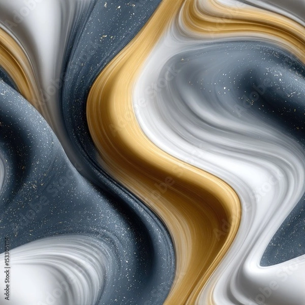 Fototapeta Swirling patterns of yellow and blue liquid create an abstract marbling effect on a dark grey surface adorned with golden glitter SEAMLESS PATTERN