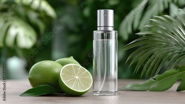 Fototapeta A product bottle for beauty and personal care is displayed with lime and palm leaves, enhanced by a refreshing spray of water
