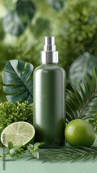 Fototapeta A product bottle for beauty and personal care is displayed with lime and palm leaves, enhanced by a refreshing spray of water